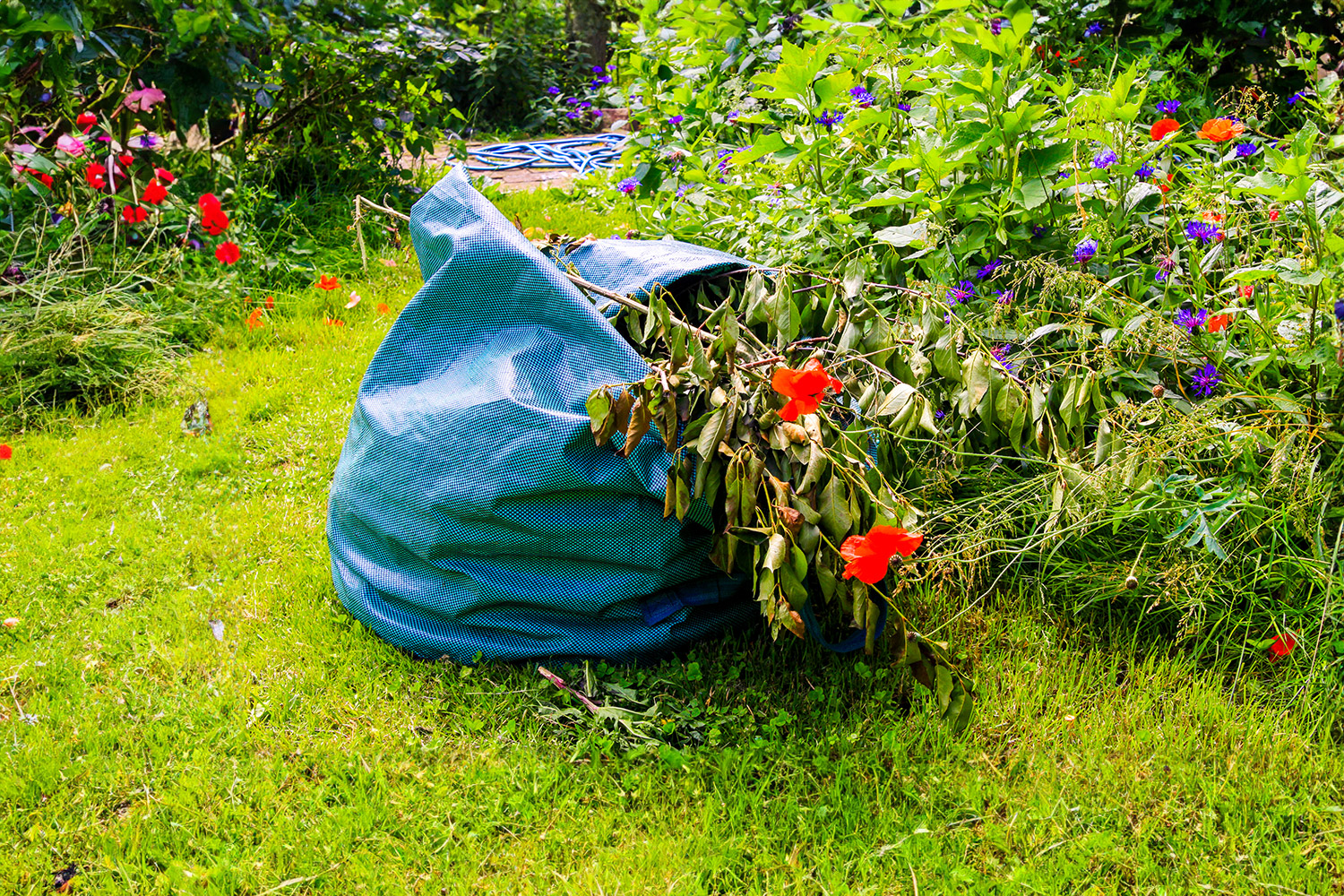 Sack in einem Garten mit Gartenabfall